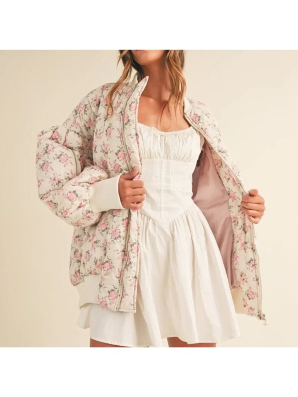 Mable Mallory Oversized Floral Bomber Jacket SMALL Cream Pink Anthropologie - Picture 2 of 13